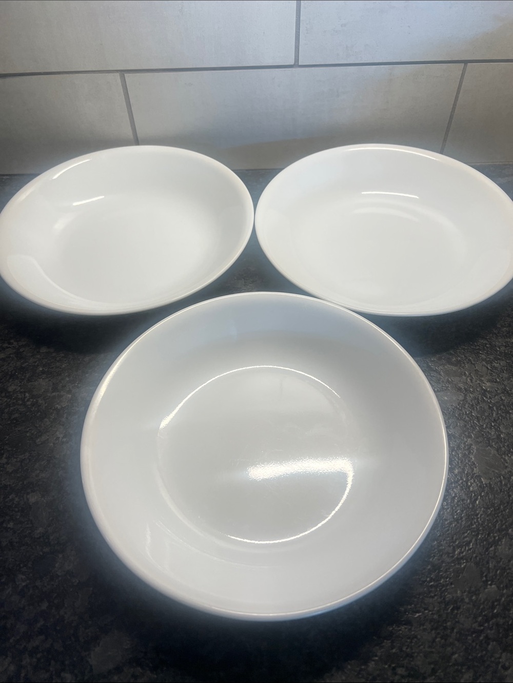 Set of White Corelle soup/pasta bowls.  Winter Frost. Exc condition